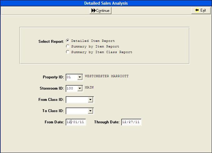 Detailed Sales Analysis The report can be organized in one of three ways. Fields Select Report Select the report option by clicking the radio button.