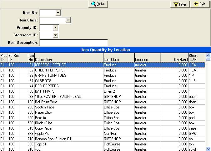 Item Quantity by Location This inquiry displays detailed Item quantity information for each location. To view the detail for an Item, highlight it and click Detail.