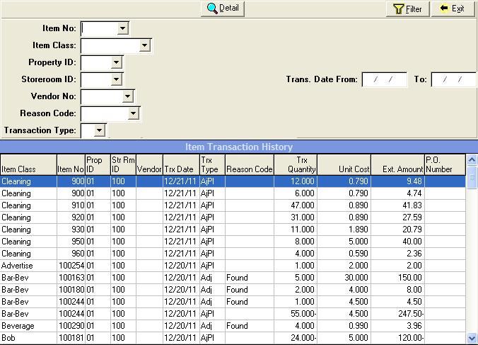 items. Item Transaction History This inquiry displays the transaction history for Items. To view the detail for an Item transaction, highlight it and click Detail.