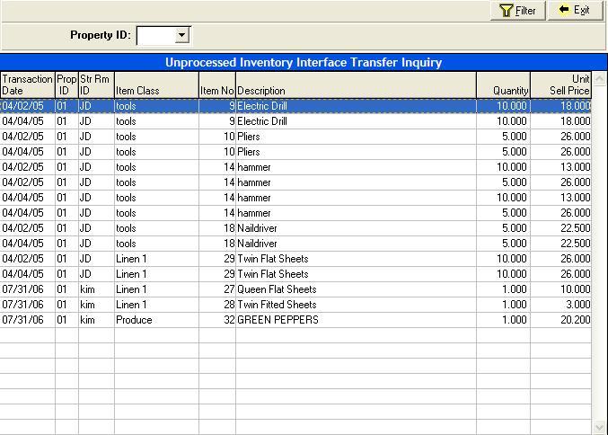 Unprocessed Inventory Transfer This inquiry displays all unprocessed (unposted) inventory interface transfers batches. TIP: To sort the data in the browse window click on a column heading.