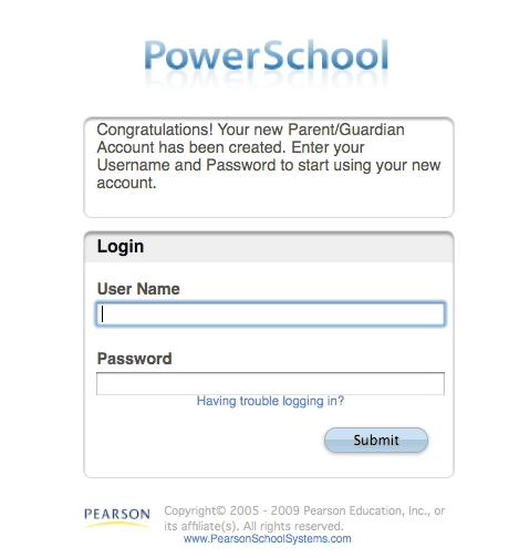 When your account is successfully created you will see this page. Use the user name and password you entered in the previous step to login to the parent portal.