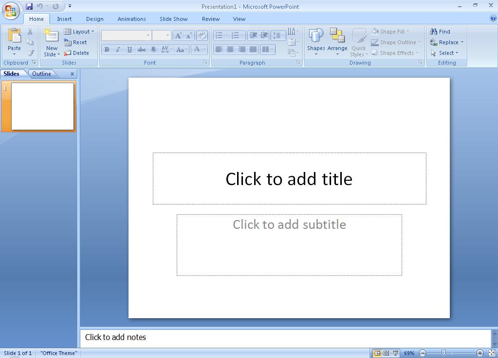 The MS PowerPoint Window The MS PowerPoint 2007 interface brings out all the functionality of the software using tabs rather than drop-down menus.