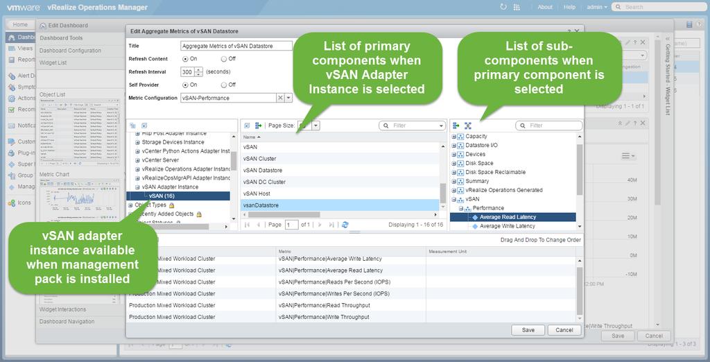 Figure 1. Adding vsan related entities to a custom dashboard.