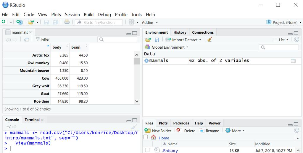 RStudio: Reading in data After successfully reading in the data; The environment now includes a mammals object or whatever you called the data read from file A copy of
