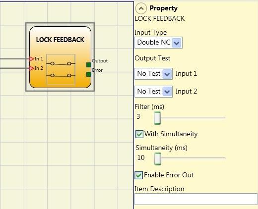 LOCK FEEDBACK The function block LOCK FEEDBACK verifies the status of the inputs Inx of a guard lock device for mobile guard or safety gate.