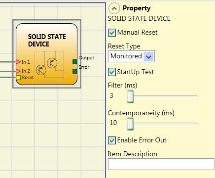 SOLID STATE DEVICE The SOLID STATE DEVICE functional block checks the status of the Inx inputs. If the inputs are at 24VDC, the Output will be 1 (TRUE), otherwise the OUTPUT will be 0 (FALSE).