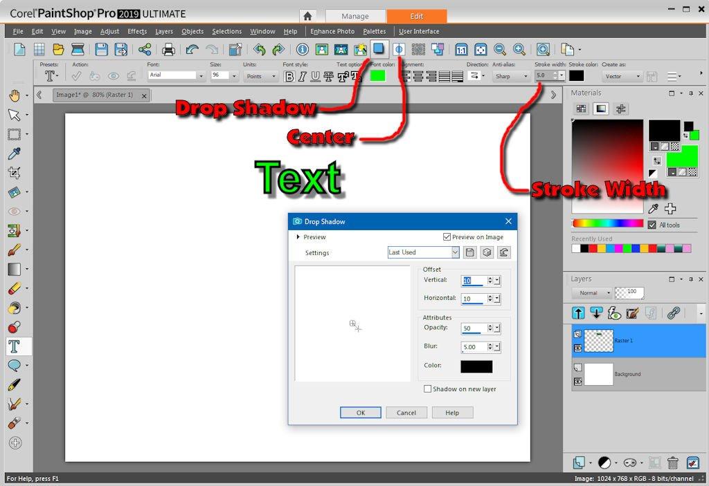 Creating Text Centering Text When the text selection box is visible, clicking the Center tool on the Toolbar will horizontally center the text on the image.