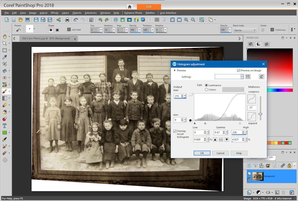 Beginning Paint Shop Pro 2019 Adjusting Brightness and Contrast In this document, jump to the Old Class Photo image by selecting the words Old Class Photo in this step.