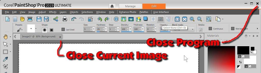 Changing The Brush Size and Shape NOTE: Figure 13 shows the different tools for closing the current image or closing the Paint Shop Pro 2019 program.