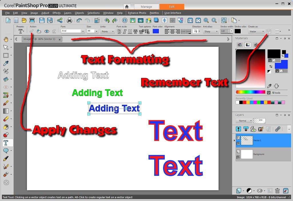 Creating Text Adding text When the Text tool is selected, the Context Toolbar changes to text formatting tools that are similar to most word processing programs.