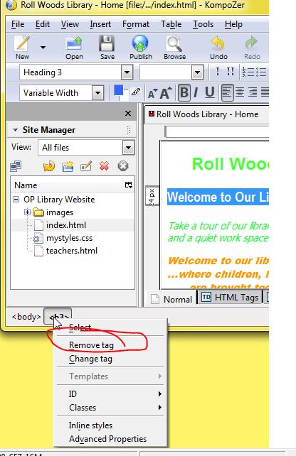 REMOVING STYLE RULES ON SECTIONS OF TEXT 6. KompoZer allows you to remove a style associated with some text. Click anywhere on the heading text: Roll Woods Park Public School Library.