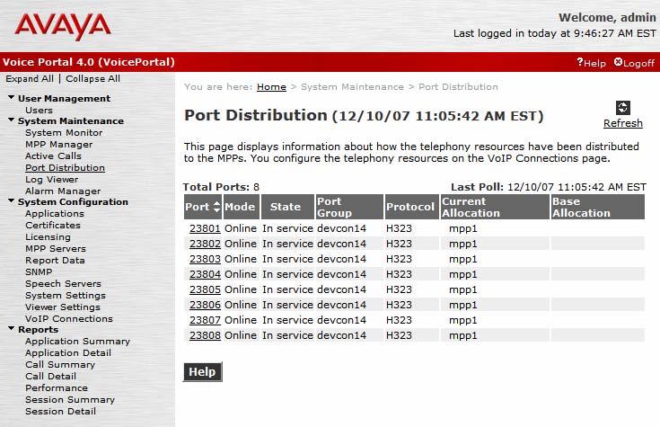 2. From the VPMS web interface, verify that the ports on the MPP server are in service in the Port Distribution page shown in Figure 13. Figure 13: Port Distribution 3.