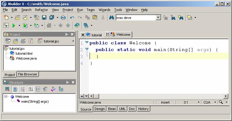 Figure 3.3 The program Welcome.java is generated by the Class wizard. 4. Add the following line in the main method: System.out.println("Welcome to Java"); 5.