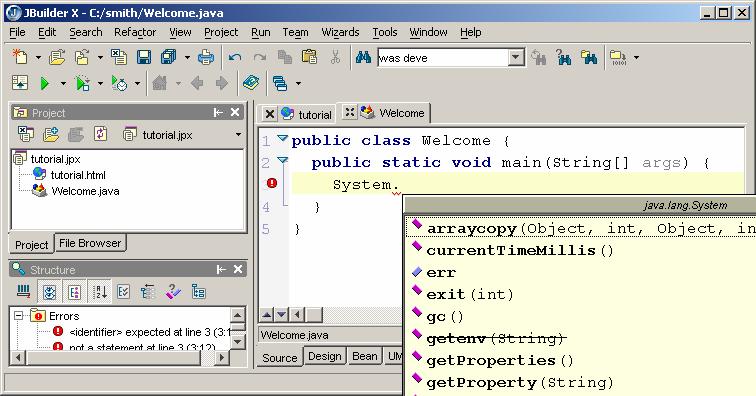 Figure 3.4 The Code Insight popup menu is automatically displayed to help you complete the code. CAUTION: Java source programs are casesensitive.