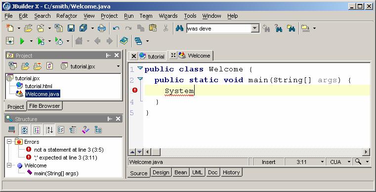 Figure 3.7 JBuilder dynamically parses the source code and displays the syntax errors in the structure pane. 3.3 Executing a Java Application To run Welcome.class, point to Welcome.