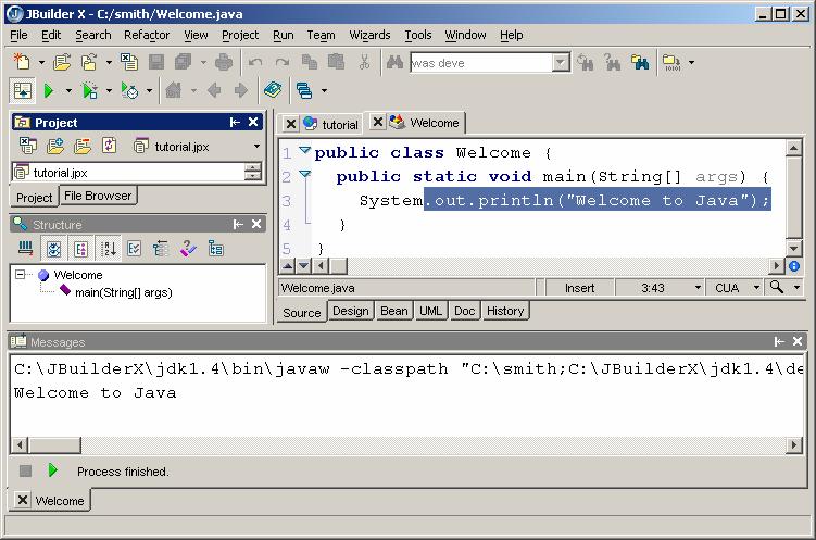Figure 3.8 The execution result is shown in the message pane. TIP: If the message pane is not displayed, choose View, Panes, Messages to display it. 3.4 Run Java Applications from the Command Window So far you have run programs in JBuilder IDE.
