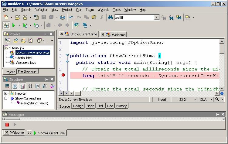 Figure 4.1 A breakpoint is set in ShowCurrentTime.java.
