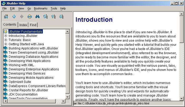Figure 5.1 All help documents are displayed in JBuilder Help. JBuilder Help behaves like a Web browser and contains the main menus, navigation pane, and content pane.