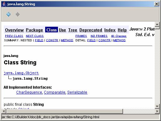 Figure 5.4 The documentation on the String class is displayed in JBuilder Help.