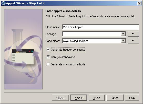 Figure 6.2 Applet wizard Step 1 of 3 prompts you to enter the package name, the applet class name, and other optional information.