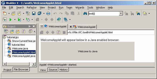 The source code of WelcomeApplet.java is shown in the content pane. 6.2 Modifying Applets Replace WelcomeApplet.
