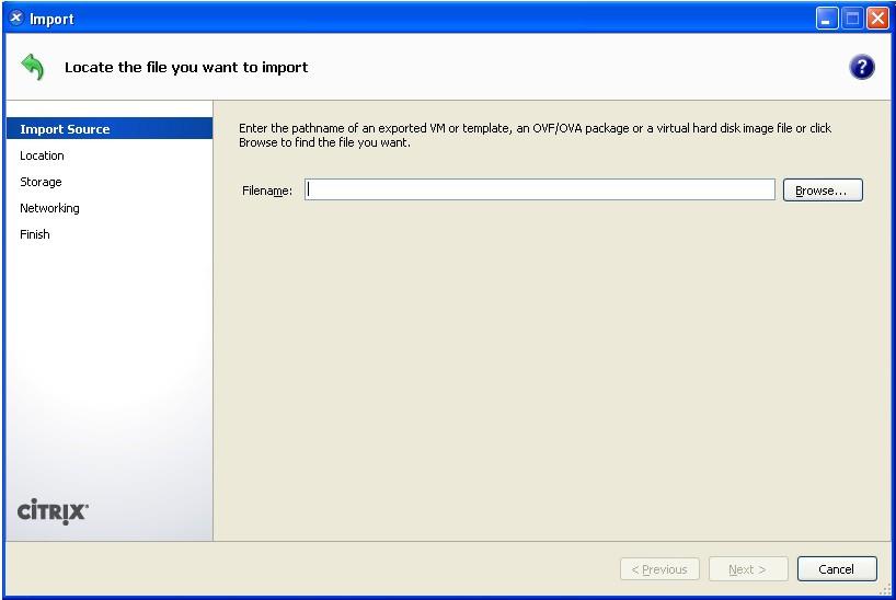 From the XenCenter client, select the virtual appliance and click Import to start the Import wizard, as shown in Figure 1.1. Figure 1.1 XenCenter Client 4.