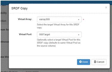ViPR Controller Support for SRDF Remote Replication a. A name and description. b. In the Virtual Arrays field, select the target VMAX array. c. In Hardware > System Type, select EMC VMAX. d. In Storage Pools, select Automatic or Manual as appropriate for your environment.