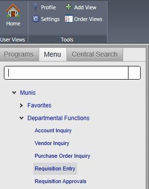 From the left-hand menu, click on the Menu tab to view the Munis Menu.