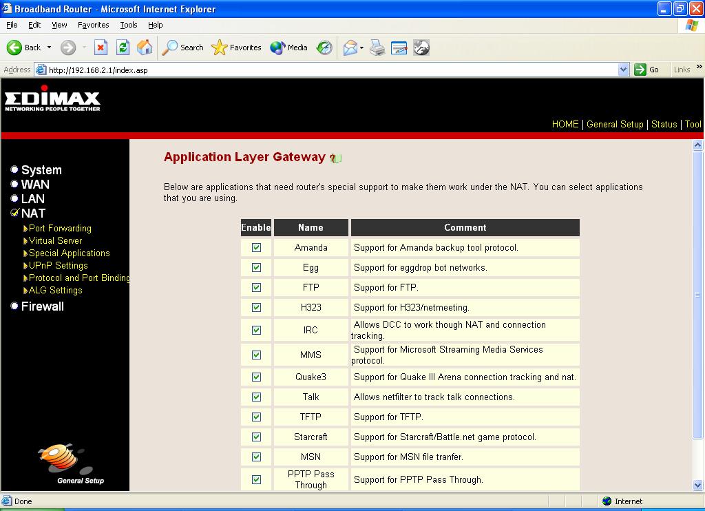 2.4.6 ALG Settings You can select applications that need Application Layer Gateway to support.