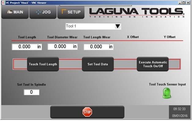 16 Tools screen: This page is used for all data regarding Tooling dimensions and offsets. Access button: Tool selection Drop down field = Use this to select the tool in which you wish to manipulate.