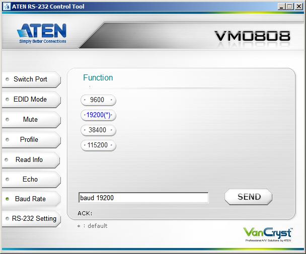 Baud Rate Setting On the Baud Rate Setting page, the following actions are possible: Select the RS-232 Baud Rate you want the VM0808 to use.