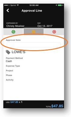 Approve Expense Sheet by Line (continued) To approve or disapprove, click the arrow button to the right of the line.