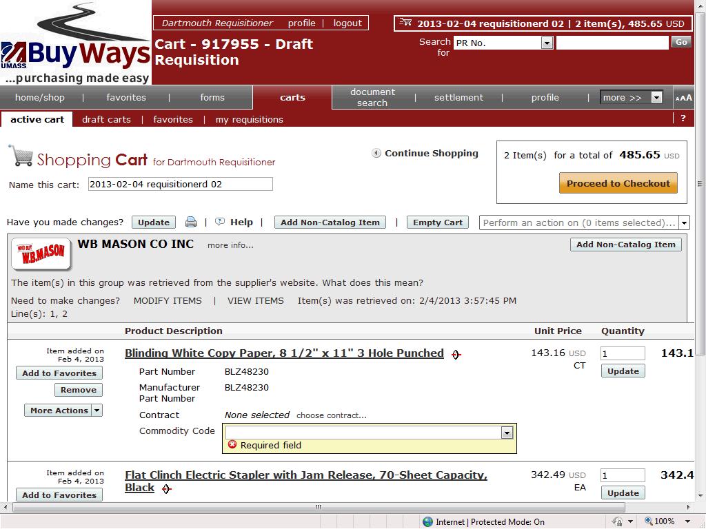 4. Click the 2013-02-04 requisitionerd 02 link to open the cart.