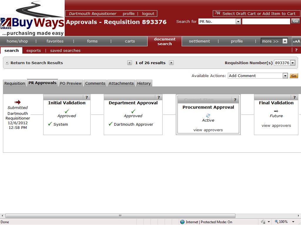 9. The PR Approvals tab displays all of the approval steps