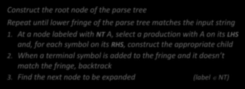 Top-down Parsing The Algorithm A top-down parser starts with the root of the parse tree The root node is labeled with the goal symbol of the grammar Construct the root node of the parse tree Repeat