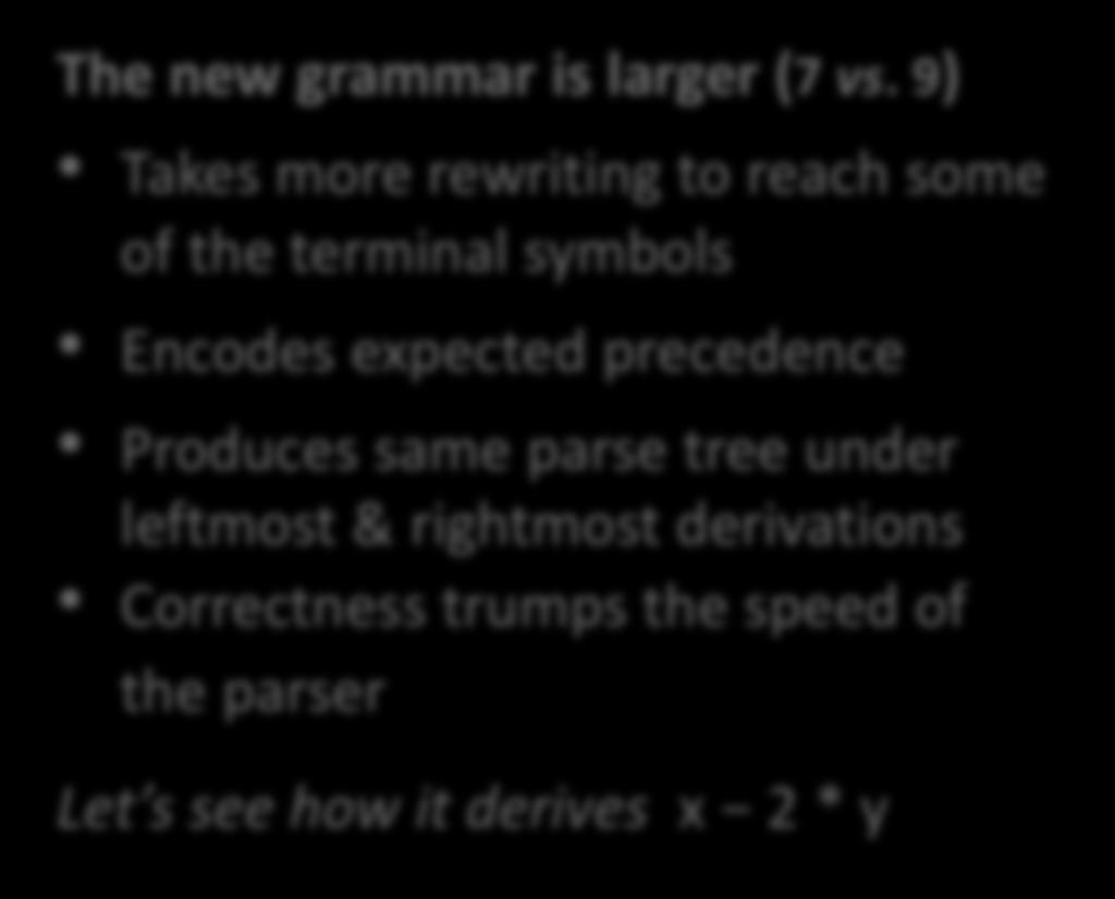 9) Takes more rewriting to reach some of the terminal symbols Encodes expected precedence Produces same parse tree under leftmost & rightmost derivations Correctness trumps the speed of