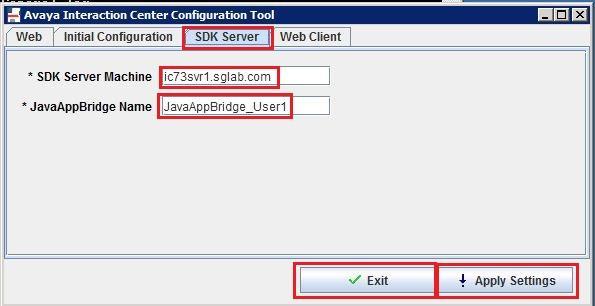 The Avaya Interaction Center Configuration Tool screen is displayed next. Select the SDK Server tab.