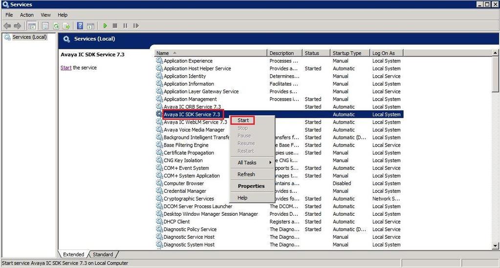 5.5. Start Avaya IC Client SDK Service From the IC Client SDK server, select Start Administrative Tools Services (not shown)