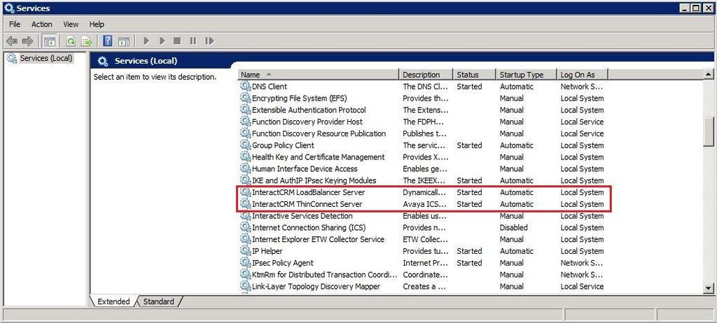 7.2. Verify InteractCRM ThinConnect From the ThinConnect server, select Start Administrative Tools Services to