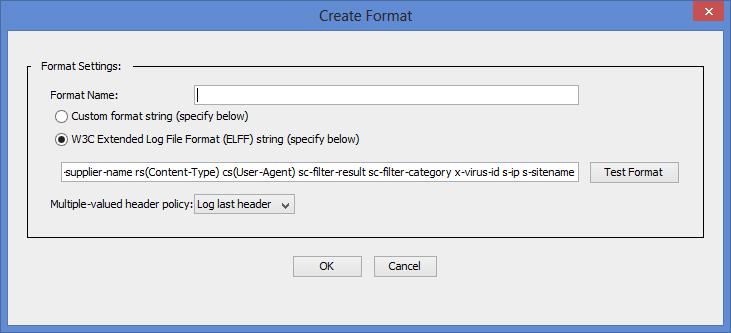 Configuring the Blue Coat Proxy Logs 5. In the Format Name field, type a name for the new format. 6. Select the W3C Extended Log File format (ELFF) option. 7.