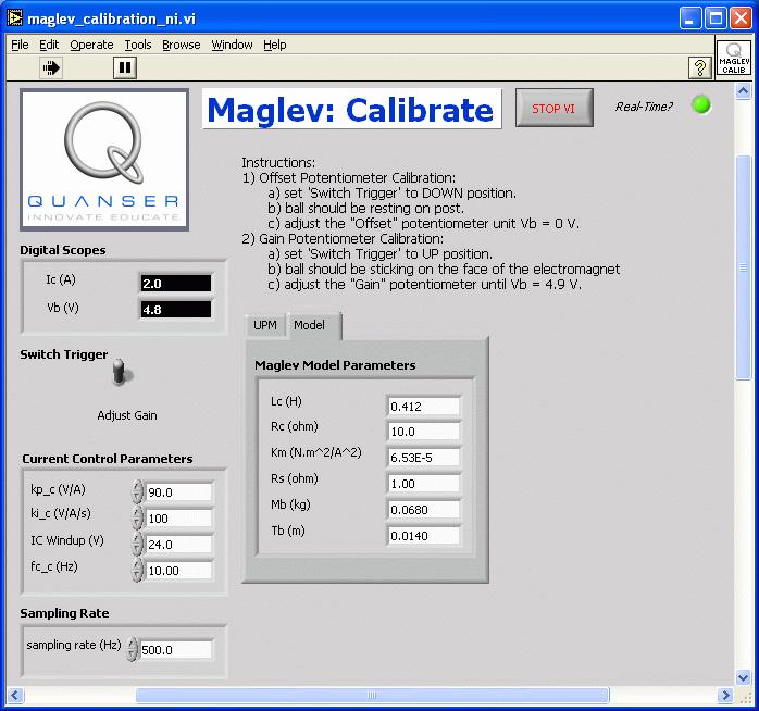 Figure 6 maglev_calibration.vi running with potentiometer 1 gain calibrated. When finished calibrating, click on the STOP VI button to stop running the virtual instrument. 4.