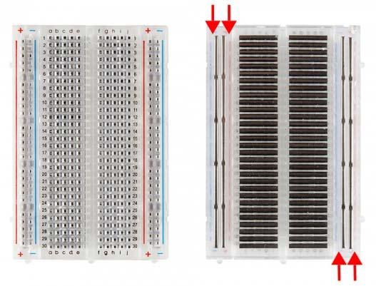 Pictured is the front and back of a breadboard with the backing removed so you can see the connections between the horizontal rows and the power rails.