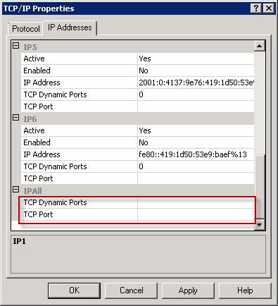 Figure 1. TCP/IP Properties Dialog Box IP Addresses Tab e Under IPALL, make sure the TCP Port is set to a valid port number. The default TCP port for SQL Server is 1433.