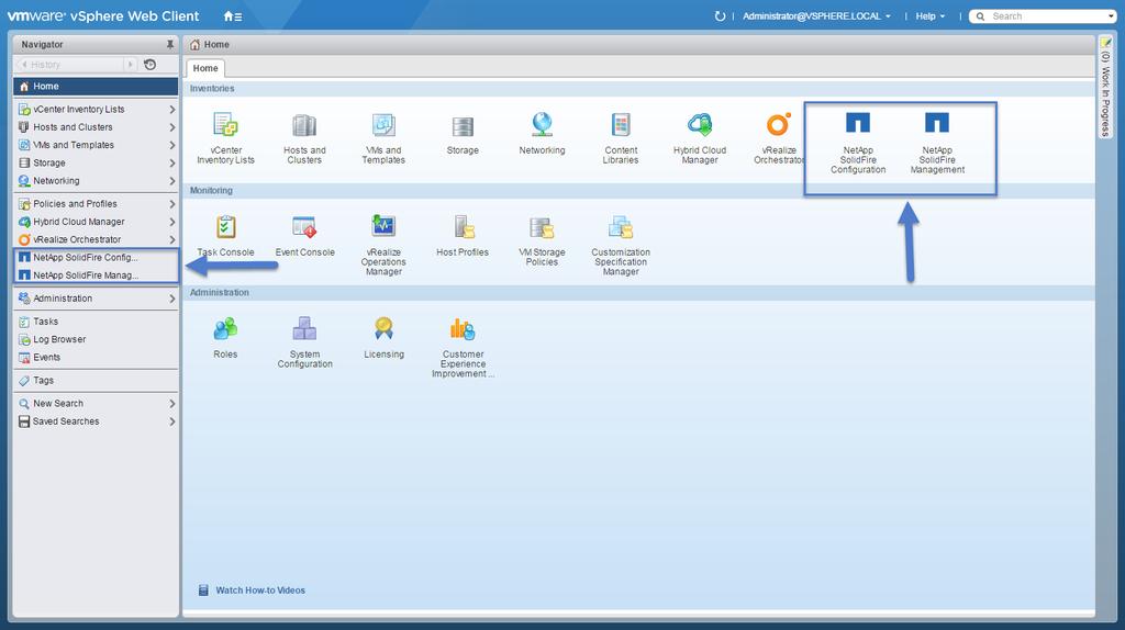 Successful Installation Successful Installation After successful installation, NetApp SolidFire Configuration and Management extension points appear in the Home tab of the vsphere Web Client and in
