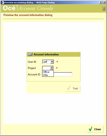 Result According to the example, the User ID Jeff can select the projects Office and Villa in the 'Account information' dialog.