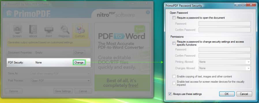 To set document properties: 1. In the PrimoPDF interface, under Document Properties, click Change. 2.