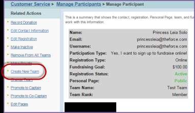 5. From the participant record, under Related Actions (left hand side of the page), click Create New Team. 6. Enter the new Team Name, Goal, and Choose a Company (if necessary). 7.