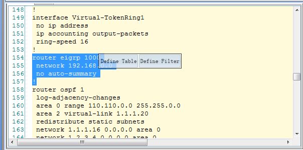 In the Filter Parser window, change the name as eigrp_config, in the Beginning line filed,