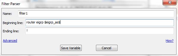 Click Save Variable and the eigrp configuration will highlight in yellow.