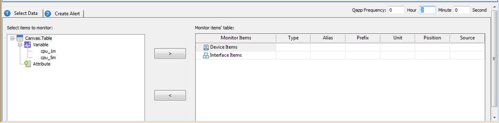 All variables defined in Table node are displayed in the left pane Select items to monitor. In this case there are two variables, cpu_1m and cpu_5m.